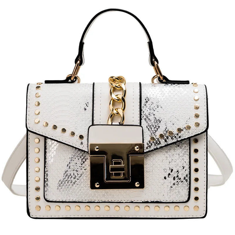 Custom Trendy Female Luxury Crossbody Bag Serpentine Pattern PU Leather Rivet Chains Cover Closure Fold Over Handbag