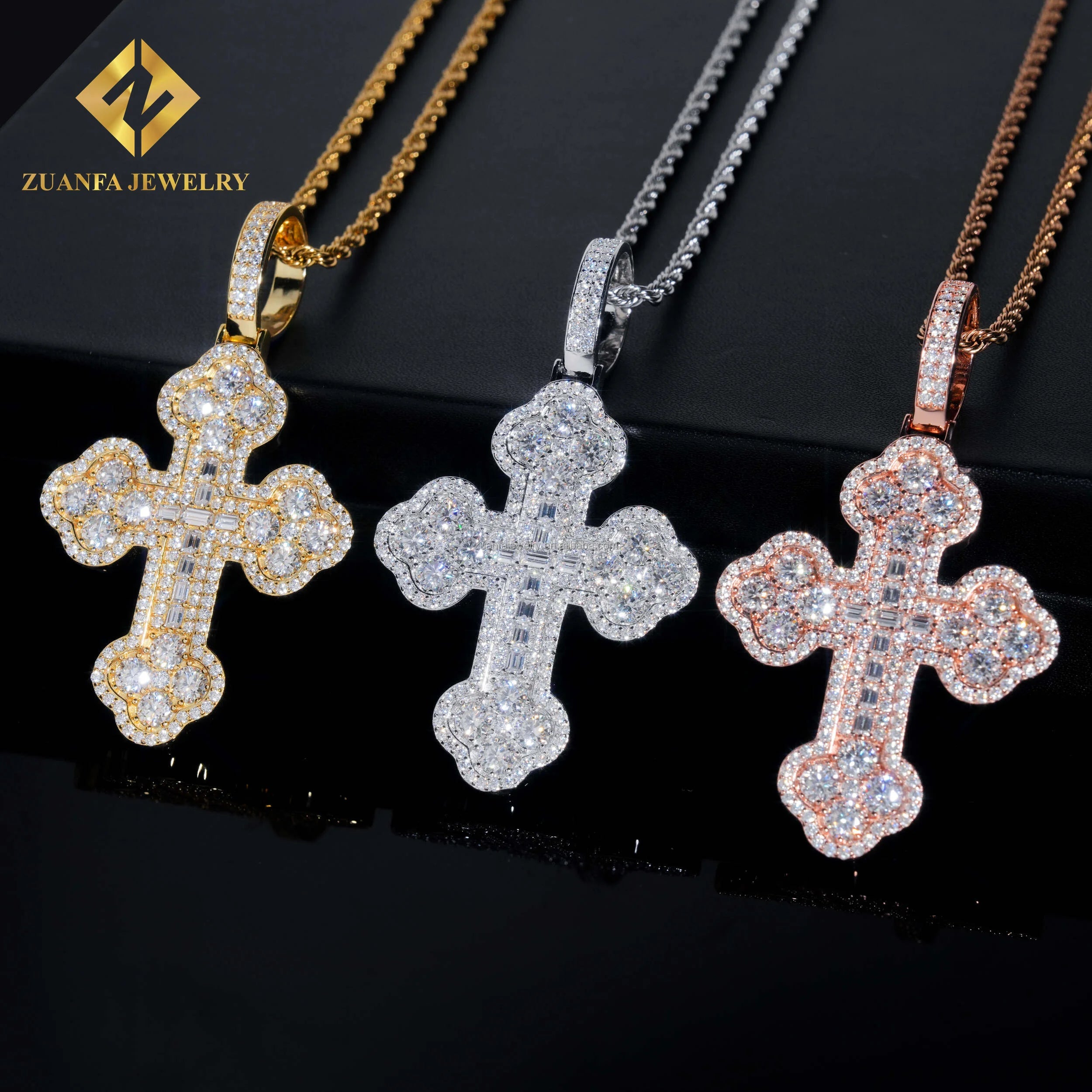 Drop Shipping  New Arrivals Stock Iced Out Fire Hip Hop Jewelry 925 Silver Baguette Moissanite Diamond Cross Pendant Necklace
