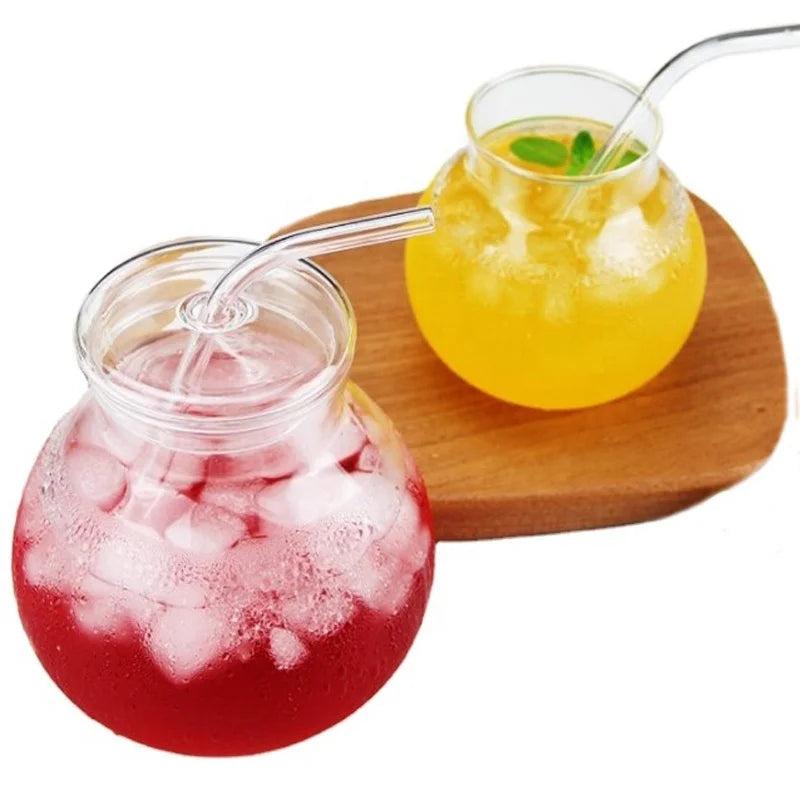 Large Capacity High Borosilicate Glass bar Couple Round Belly Spherical Juice Coffee Milk Handmade Big Mug with Lids and Straws