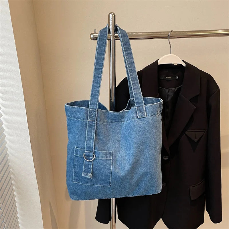 Retro Soft Denim Shoulder Bags for Women Large Capacity Solid Color Ladies Shopping Bag Casual Versatile Female Tote Handbag