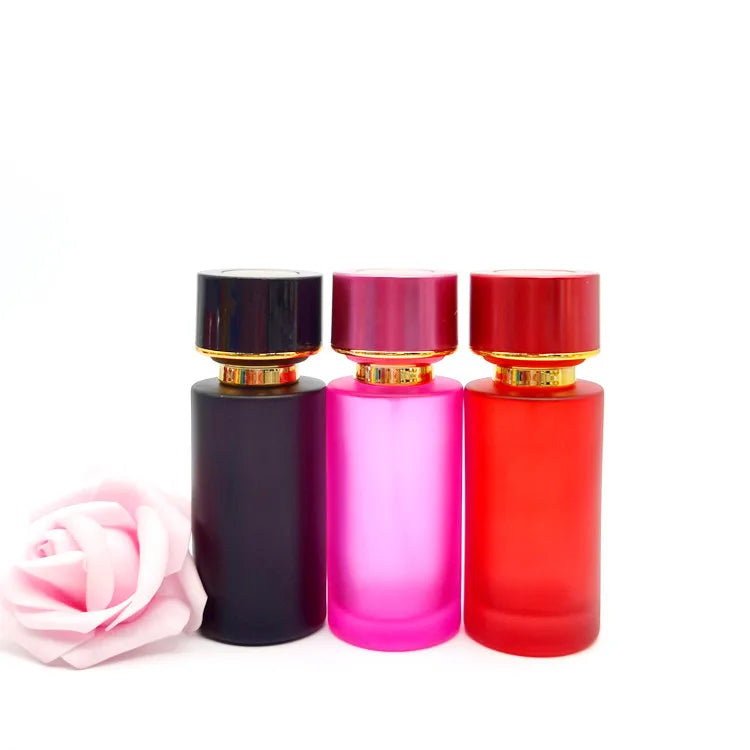 Luxury Recyclable 30ml Frosted Orange Blue Black Red pink Gold Glass Perfume Bottle with Pump Spray Cap