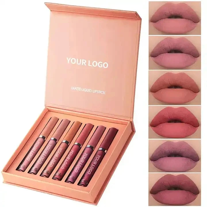 Custom Logo 6 Pcs Set Waterproof Lipgloss Long Lasting Nude Glossy Vegan Matte Private Label Liquid Lipstick Gift Box Set CN;GUA