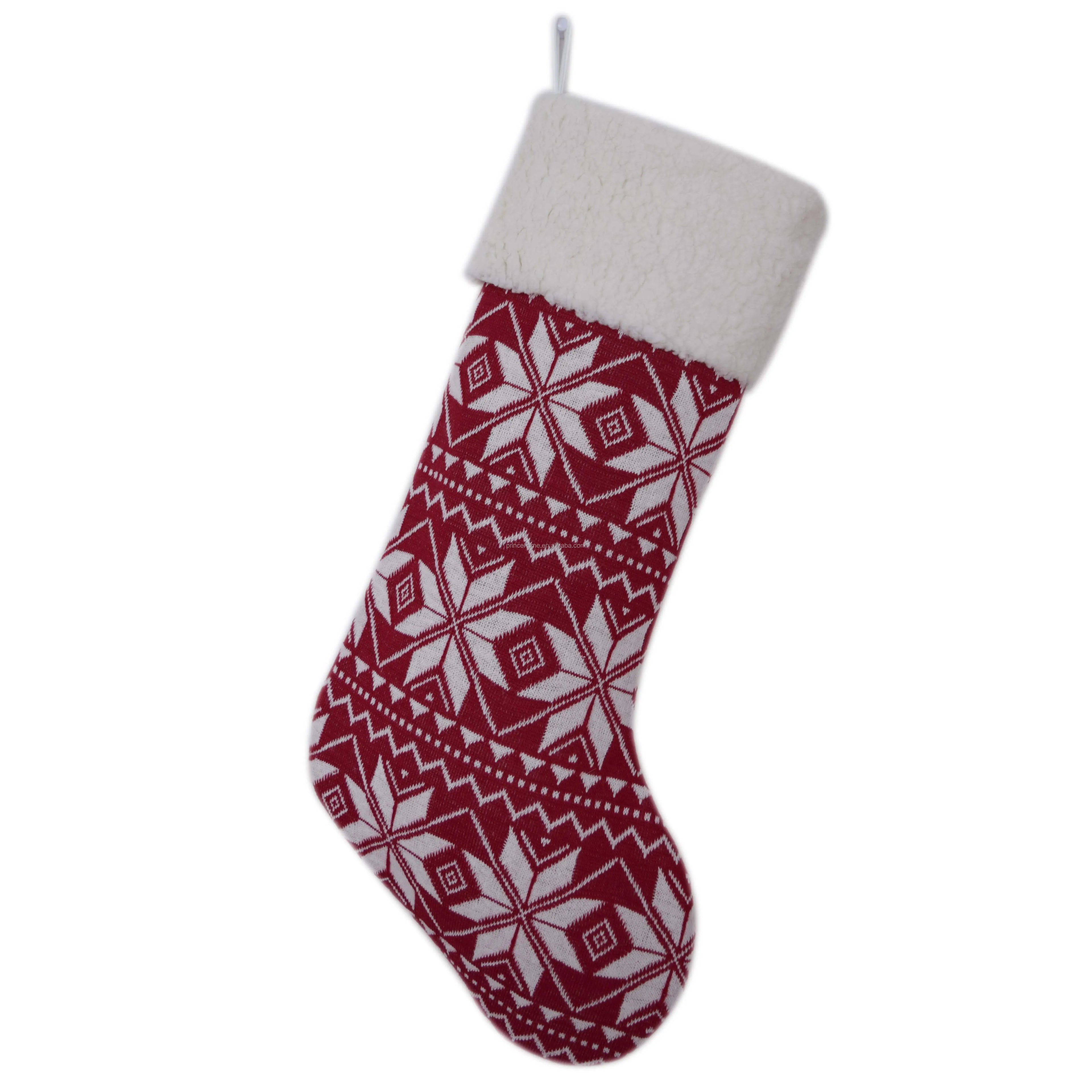 Red Knitted Snowflake Christmas Stocking with Sherpa Cuff & Reverse Side Sherpa Back