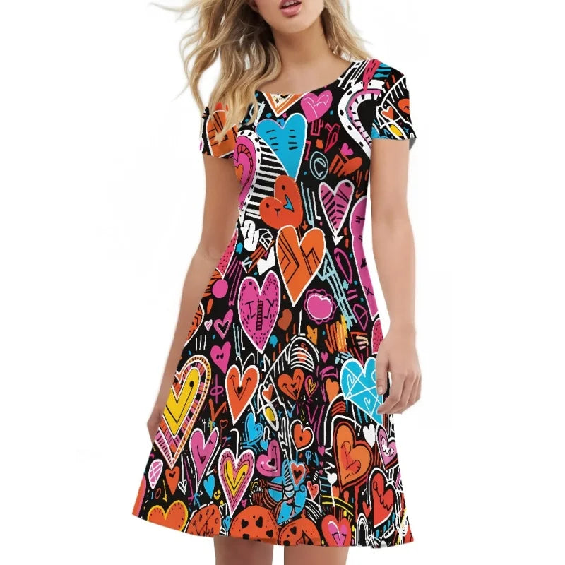 Wholesale Custom Graffiti Love Short Sleeve T-Shirt Dress Women Summer High Quality Crew Neck Eco-Friendly Natural Waist A-Line
