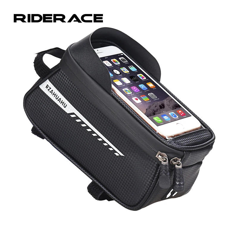 RIDERACE Mountain Bicycle Waterproof Mobile Phone Bag Durable PU Leather MTB Bike Front Frame Bag Pannier Cycling Accessories