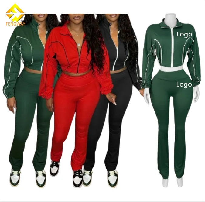 Wholesale 2025 Spring Female Outfits Jacket Flared Pants Lounger Wear 2 Piece Set Women Jogger Set Tracksuit