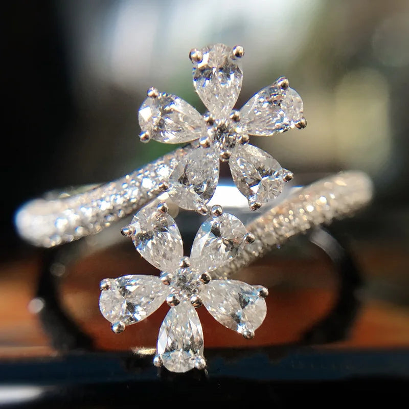 CAOSHI OEM Free Size Exquisite Double Flowers Finger Rings Simulation Diamond Silver Plated Zircon Opening Adjustable Ring Women