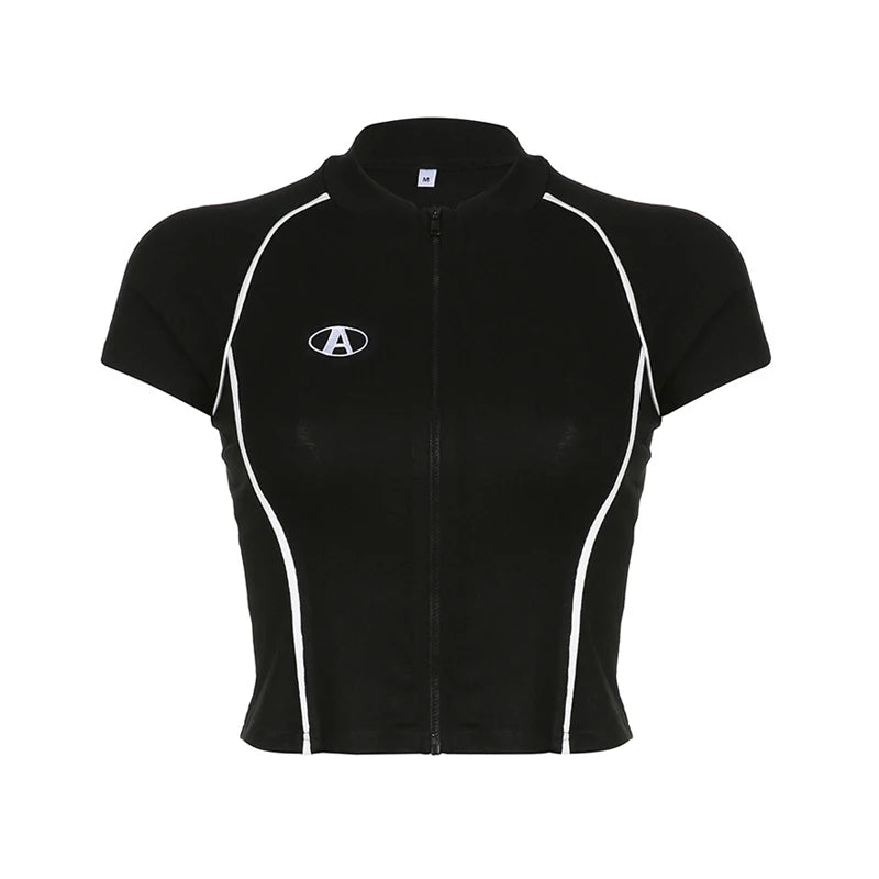Custom Logo High Street Fashion Biker Zip up Short Sleeve Ribbing Women Crop Top T Shirt and Blouse