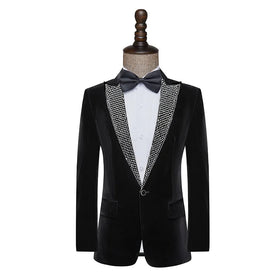 Black Velvet Diamond Lapel Men Suits 2 Pieces Wedding Groom Blazer Masculino Terno Stage Performance Outfits Jacket+Pant