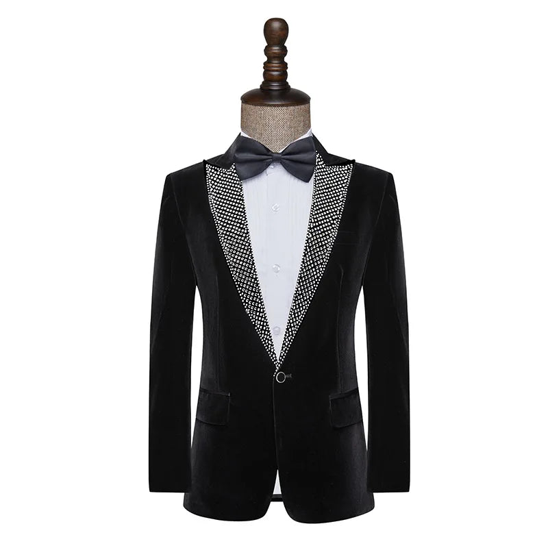 Black Velvet Diamond Lapel Men Suits 2 Pieces Wedding Groom Blazer Masculino Terno Stage Performance Outfits Jacket+Pant