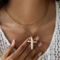 J&D Minimalist 18K Gold PVD Stainless Steel Necklace Freshwater Pearl Cross Freshwater Pearl Double-Layer Necklace