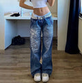 2025 Spring Autumn New Printed Baggy Y2K Jeans Oversize Wide Leg Baggy Pants Casual Cargo Trousers Women's Low Waist Jeans