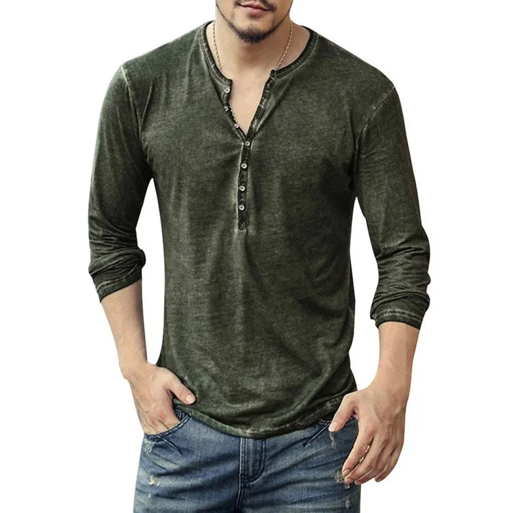 Fashion Men Tee Shirt V-neck Long Sleeve Tops Stylish Buttons T-shirt 2021 Autumn Casual Henley Shirt Solid Male Clothing