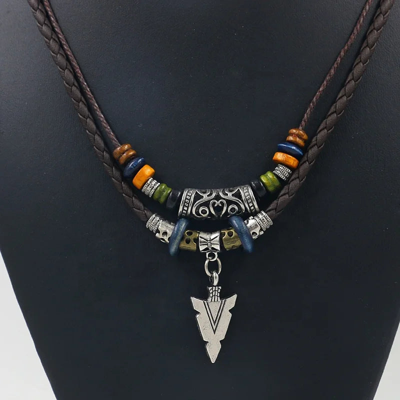 Ethnic Style Jewelry Leather Rope Wood Beaded Alloy Triangle Pendant Woven Necklace