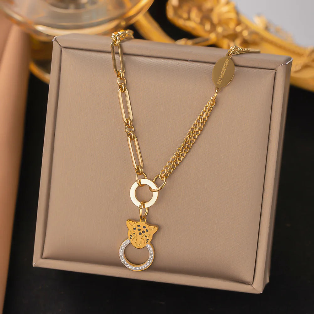 Nabest Stainless Steel Leopard Head Necklace Bracelet Earrings Sets Personalized Gold Plated Rhinestone Jewelry Kits