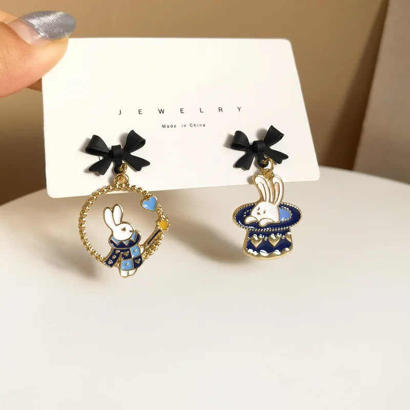 SC Japanese Style Cute Asymmetrical Oil Painting Cartoon Rabbit Earrings Funny Animal Design Black Bow Earrings for Girls