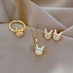Trendy Sparkling Gold Plated Stainless Steel Chain Rotating Dragon Head Pendant Necklace Earring Ring for Women Girls Jewelry