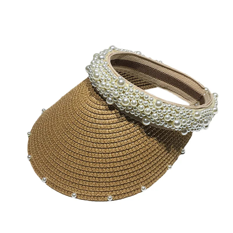 Women Summer Wide Brim Sun Protection Beach Hat Travel Accessories Pearl Straw Visor Hat