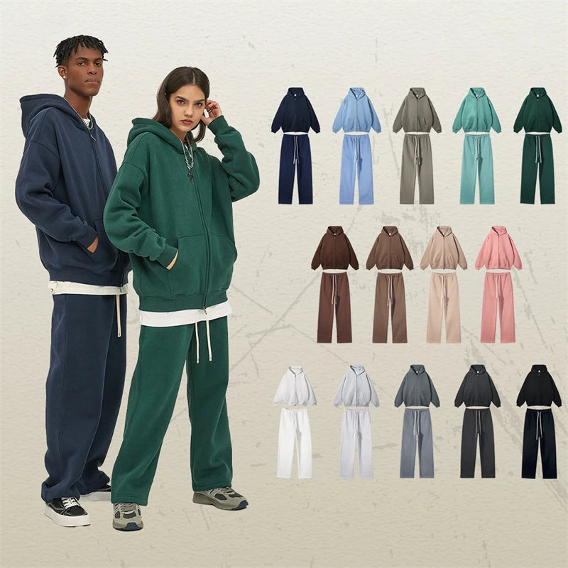 Custom Logo Men's Plus Size Tracksuits 350GSM Cotton Polyester Blend Zipper Hoodies and Sweatpants Fleece Two Pieces Unisex