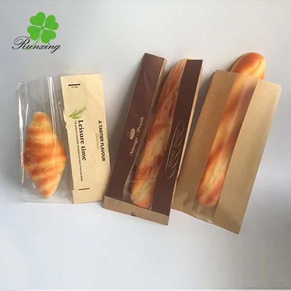 Biodegradable Brown White Kraft Paper Food Packaging Eco-friendly Bakery Baking Baguette Paper Bread Bags With Clear Window