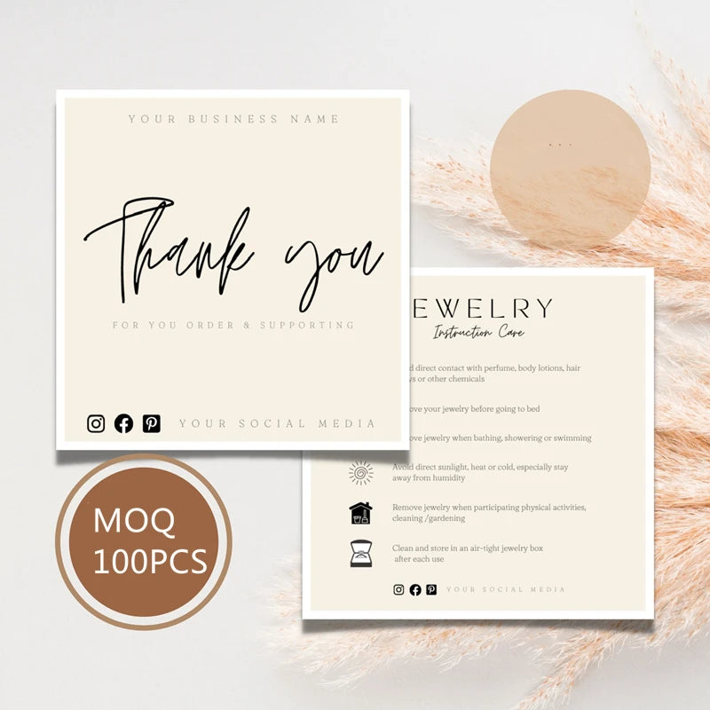Custom logo Jewelry Care Instruction Cleaning Care CardsJewelry Care CardsThank You Package Insert for Jewelry Cleaning
