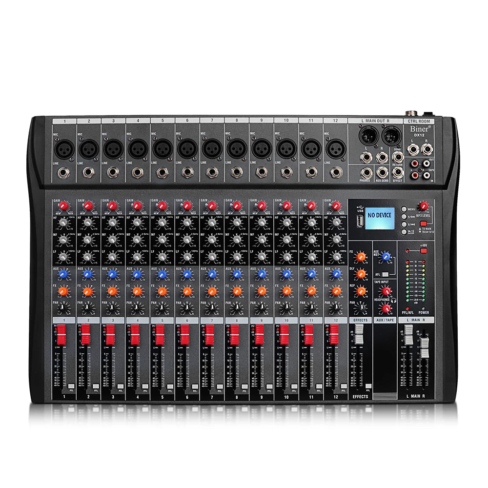 Biner DX12 Professional Audio Mixer USB MP3 Input 48V Phantom Power DJ Console 12-Channel Studio Audio Console