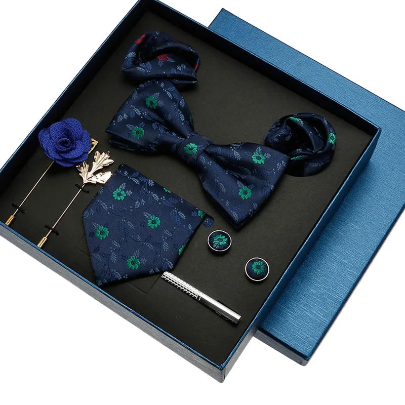 Men's 8pcs Business Suit Accessory Set Polyester Tie Bowtie Pocket Square Cufflinks Clip Pin Handkerchiefs Striped Floral Gift
