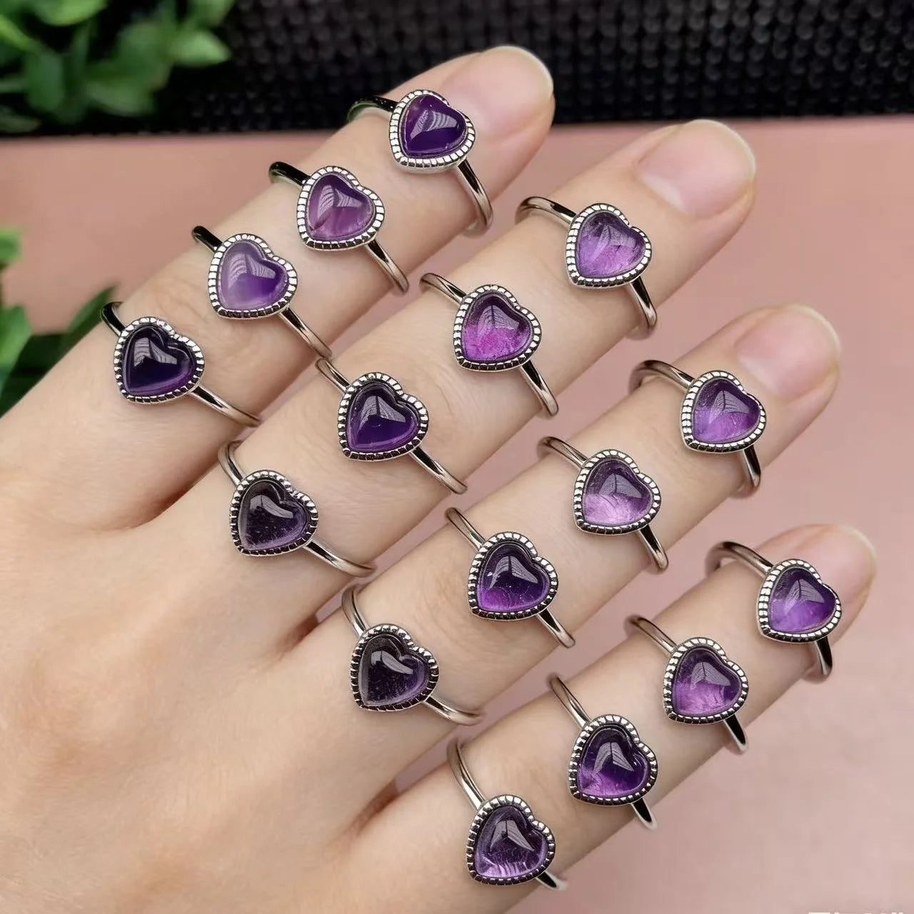 Trendy Crystal Healing Stones 925 Sterling Silver Plated Natural Amethyst Heart Ring for Anti Stress and Anxiety