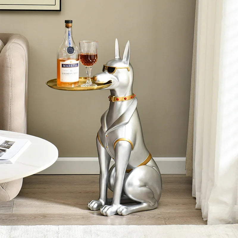Creative Resin Decor Wine Cart Keys Fruit Animal Storage Tray Large Doberman Sculpture Dog Tray for Home Interior Decoration