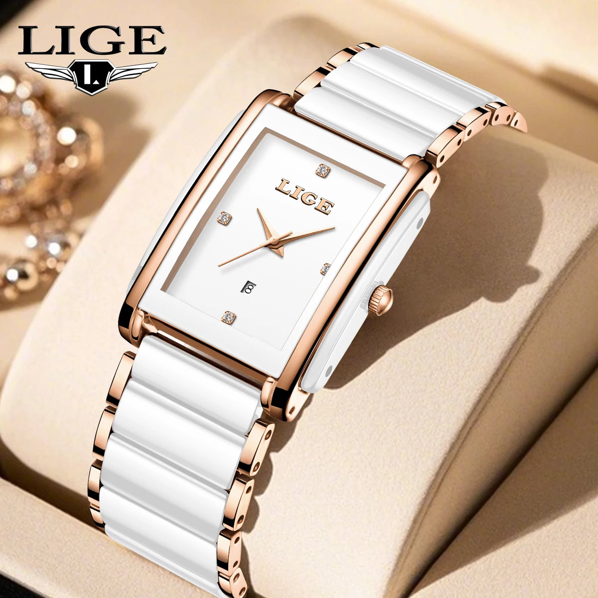 LIGE LG89188 Ceramic Square Watch for Women's Elegant Analog Quartz Watch Design Business Fashion Style Luxury Watch Gift Box
