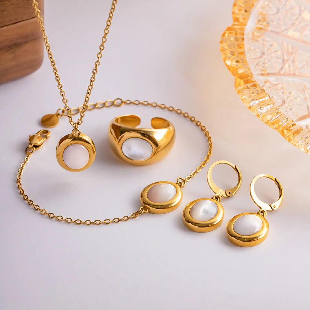 Wholesale Cat Eyes Stones Jewelry Set Waterproof Gold Plated Necklace Bracelet Earring Ring Set Jewelry Stainless Steel Jewelry