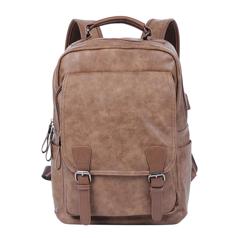 College School Leather Backpack Business PU Laptop Bags Backpack with USB for Men
