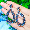 Fashion Big Water Drop Dangle Cluster Flower Leaf Dark Blue Cubic Zirconia Crystal Long Wedding Party Earrings for Women Jewelry
