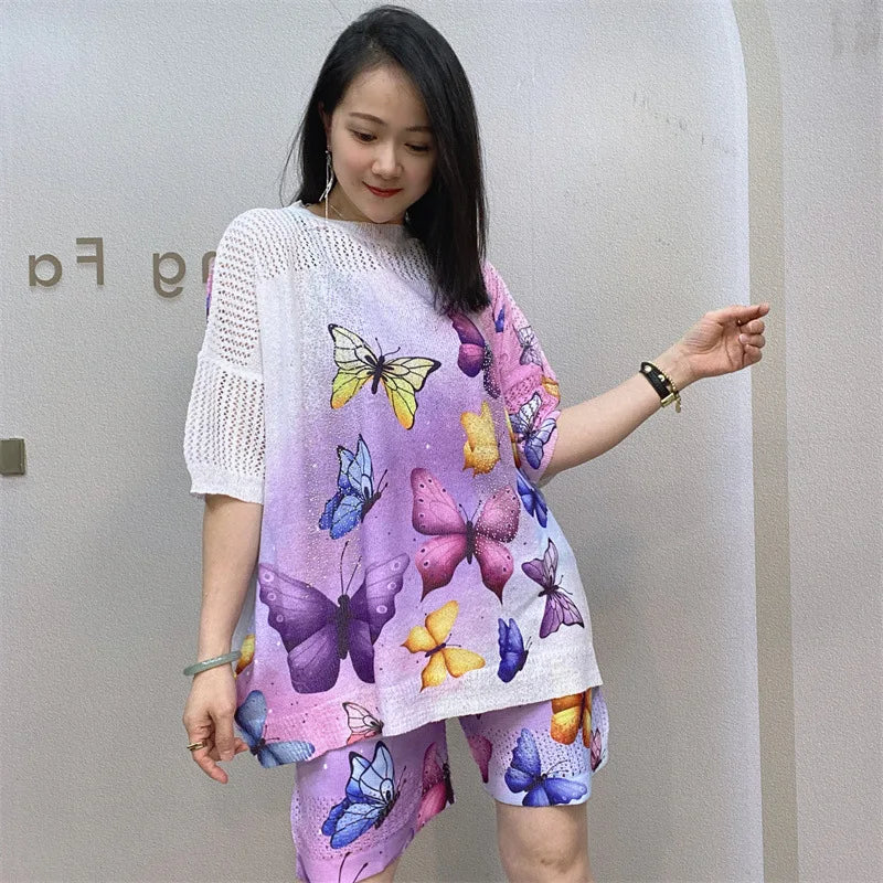 2026 Manufacturer Custom Women's Matching Knit Short Set Summer Rhinestone 2 Two Piece Short Set Women Outfit