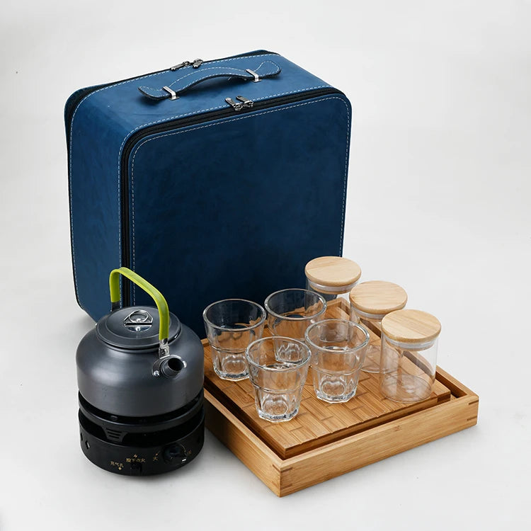 Hot Sale Home Outdoor Camping Travel Coffee & Tea Set New Design Glass Jar with Bamboo Melamine Tray for Stove Use