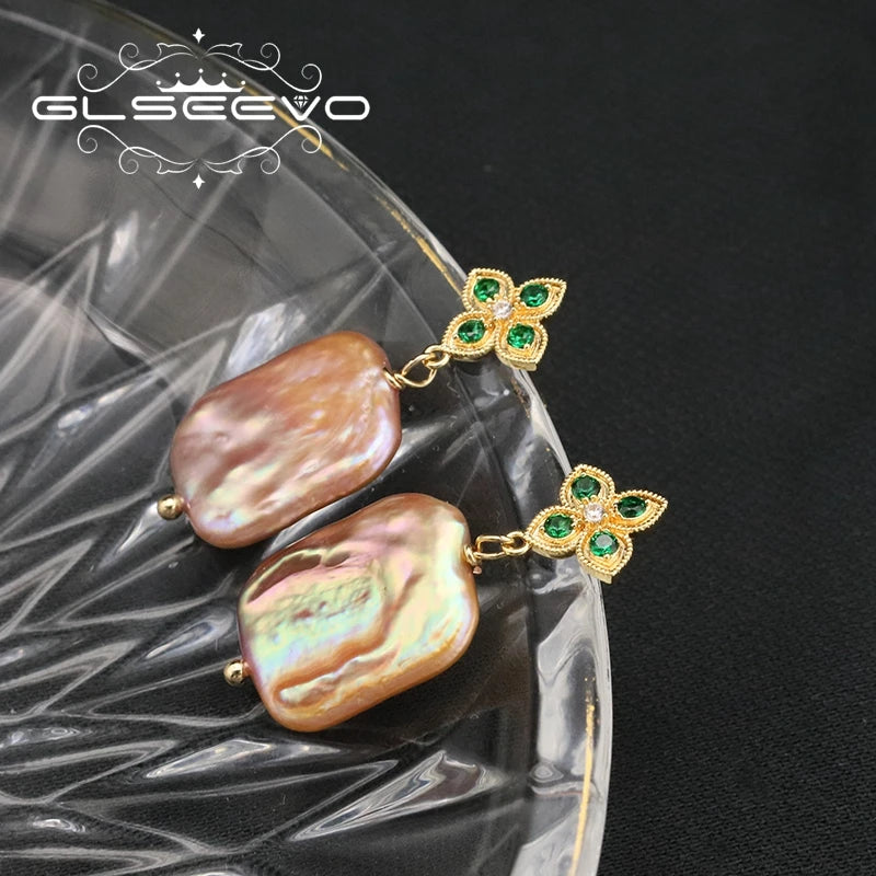 Emerald Flower Silver 925 Jewelry for Woman Geometric Purple Baroque Pearl Earring Korean Style Lady Birthday Eardrop