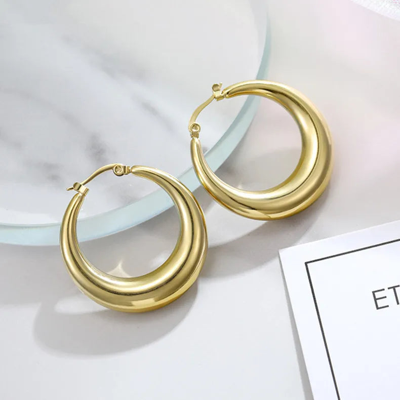 Simple High Polished Stainless Steel Round Circle Clip on Earrings 18k Gold Plated Stainless Steel Chunky Hoop Earrings