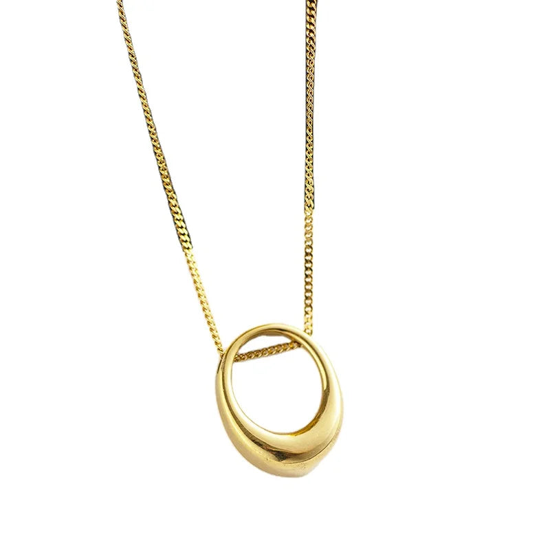 Ouj Korean Style Fashion Elegant 14k Gold Geometric 316L Stainless Steel Elliptical Minimalist Pendant Necklace for Women Girls