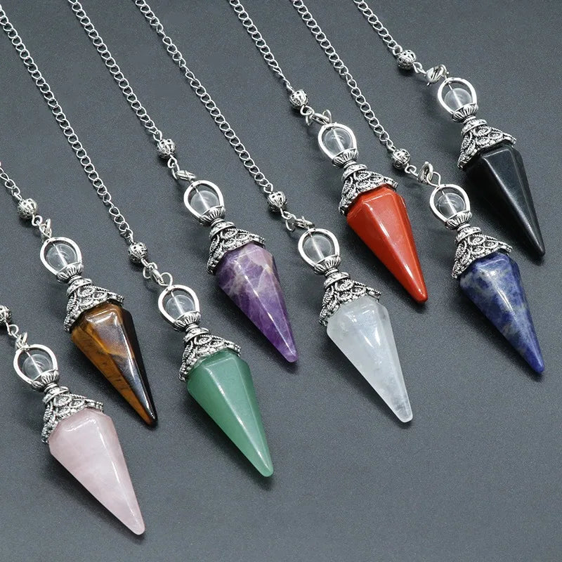 Silver Plated Healing Crystal Pendulum Carved Technique Reiki Gemstone Dowsing Energy Balancing Point for Dowsing Reiki Healing