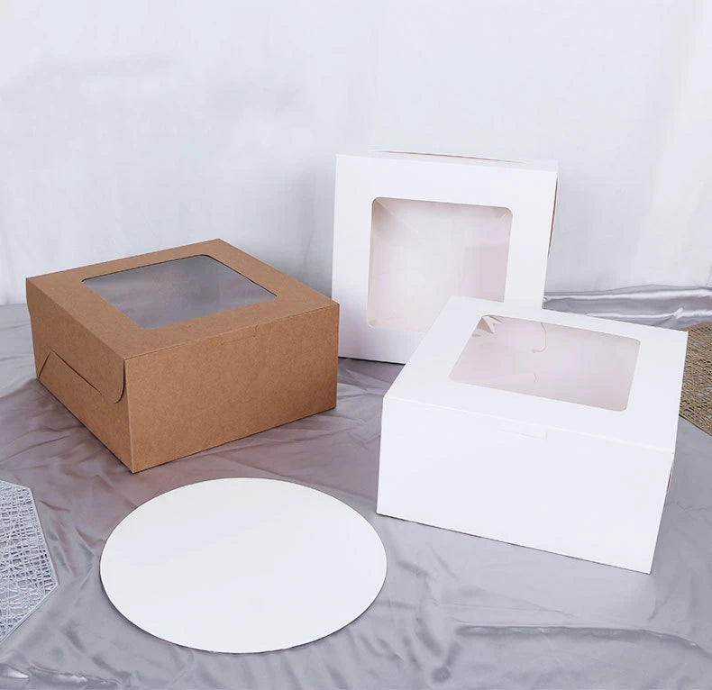 White Kraft Bakery Cake Paper Boxes With Clear Window Food Packing Box