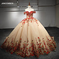 Luxury Gorgeous Champagne Evening Dresses Red Zipper up Appliques Backless Embroidered Flower Handmade Ball Gown 6662