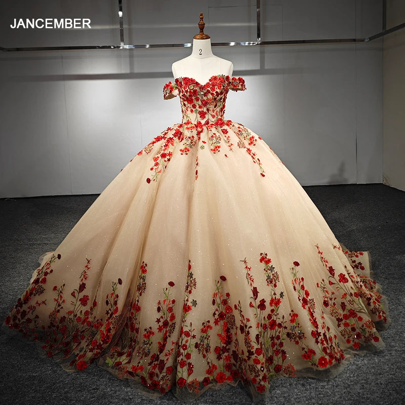 Luxury Gorgeous Champagne Evening Dresses Red Zipper up Appliques Backless Embroidered Flower Handmade Ball Gown 6662