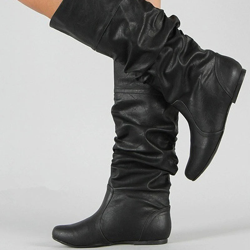Wholesale Solid Color Rubber Sole Non-slip Woman Shoes New Arrivals 2024 Ladies Casual Girls Flats Knee High Leather Boots