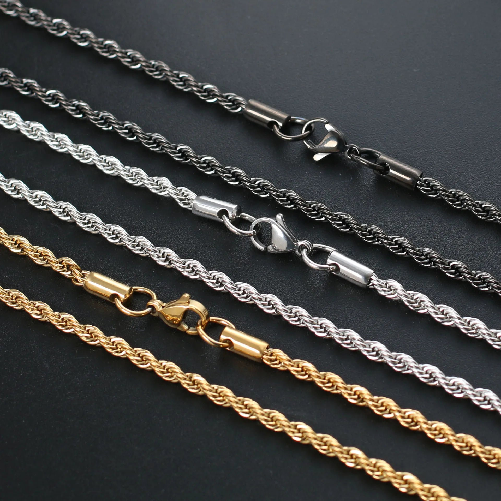Hot Selling Fashion 3mm Hip Hop Punk Stainless Steel Twist Chain Real Gold Color Preserving Electroplated  Steel Necklace