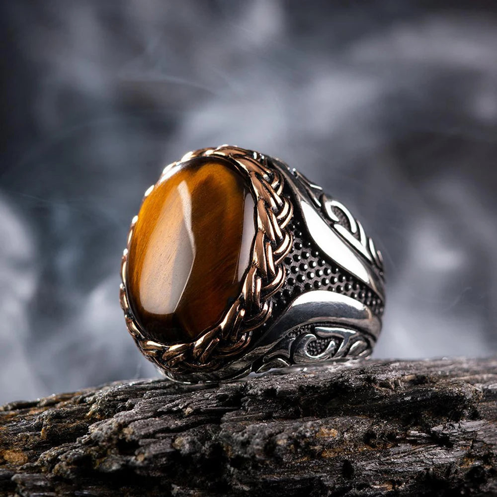 Vintage Big Oval Natural Agate Stone Ring for Men Retro Inlaid Yellow Red Zircon Ant Ring for Women Wedding Band Turkish Jewelry