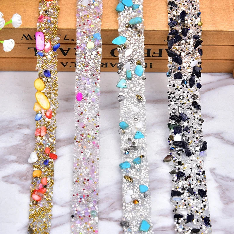 Hot Fix Colorful Crystal Stones Banding Wedding Applique Iron on Rhinestone Pearl Beads Tape Trim for Clothes Decoration