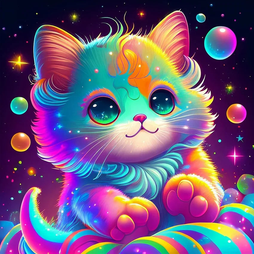 Cartoon Cat Round Full Drill Diamond Art Painting Kits for Kids Classic Fabric DIY Rhinestone Art with Animal Subjects