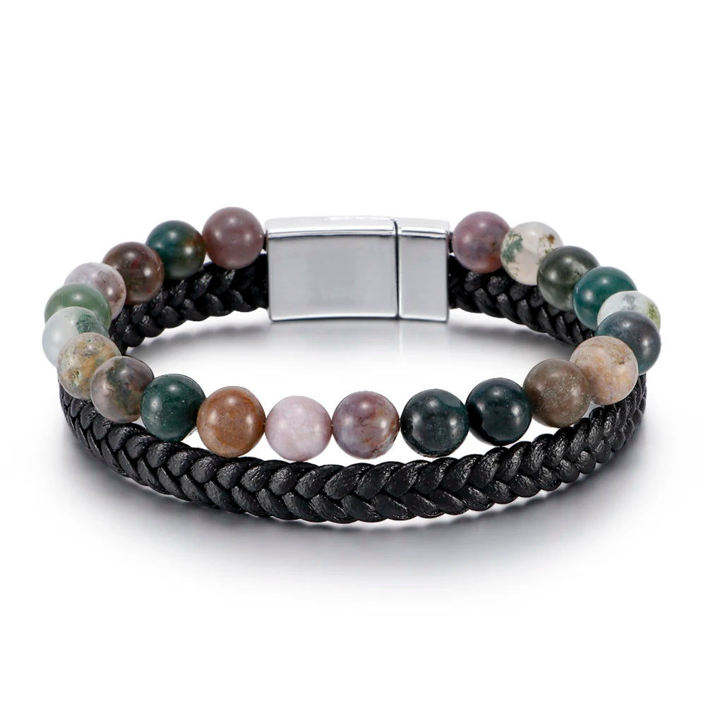 Beaded Natural Stone Cowhide Rope Agate European and American Handicrafts leather bracelet for men