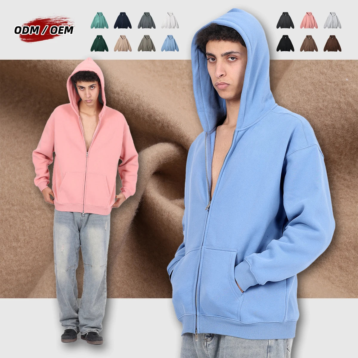 High Quality Metal Zipper 350G Fleece Mens Jackets Ribbed Cuff Custom Hoodie Long Sleeve Zip up Hoodies