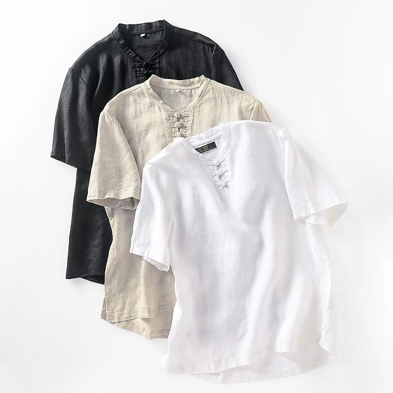 Traditional Chinese Linen Men's Retro Braided Breathable Eco-Friendly Summer Vintage Style Collarless Pullover Shirt